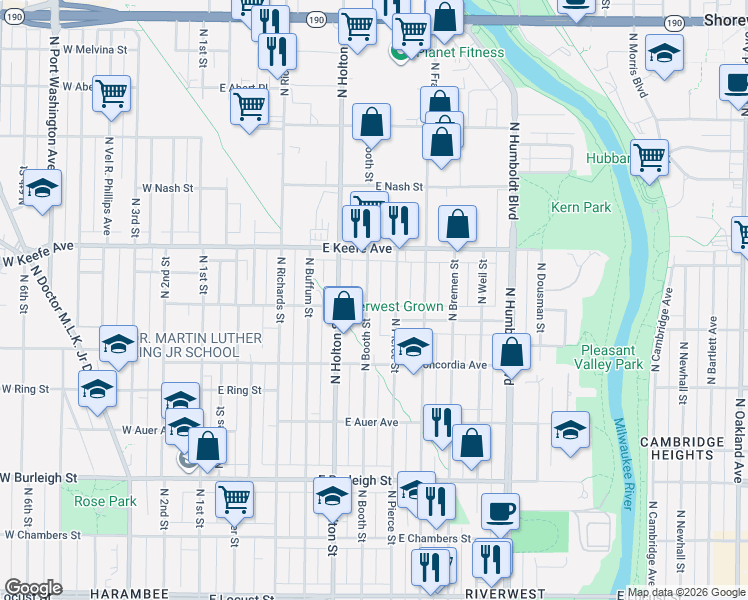 map of restaurants, bars, coffee shops, grocery stores, and more near 3377-3379 North Pierce Street in Milwaukee