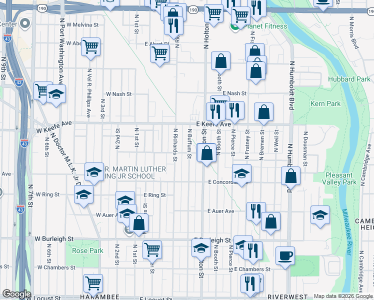 map of restaurants, bars, coffee shops, grocery stores, and more near 3368 North Buffum Street in Milwaukee
