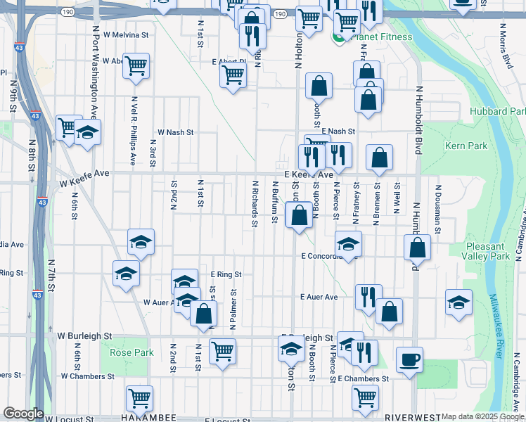 map of restaurants, bars, coffee shops, grocery stores, and more near 3374 North Richards Street in Milwaukee