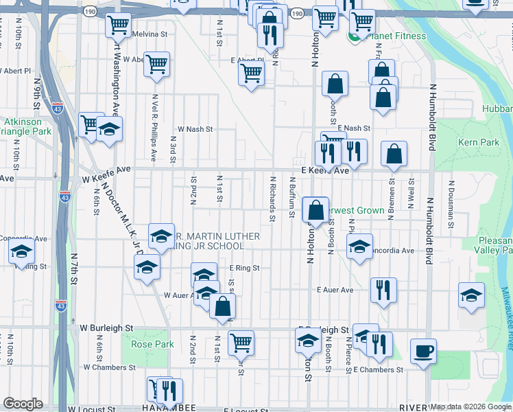 map of restaurants, bars, coffee shops, grocery stores, and more near 3372 North Palmer Street in Milwaukee
