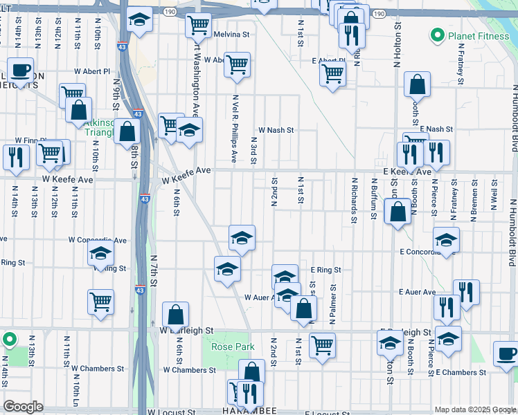 map of restaurants, bars, coffee shops, grocery stores, and more near 3350 North 3rd Street in Milwaukee