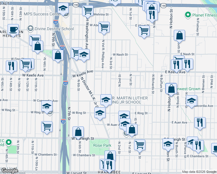 map of restaurants, bars, coffee shops, grocery stores, and more near 3350 North 3rd Street in Milwaukee