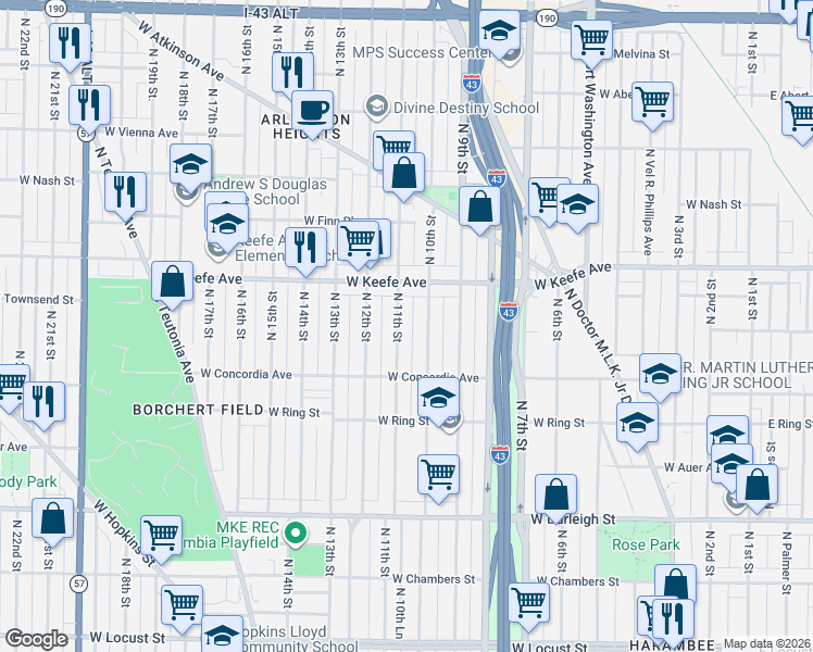 map of restaurants, bars, coffee shops, grocery stores, and more near 3345 North 10th Street in Milwaukee