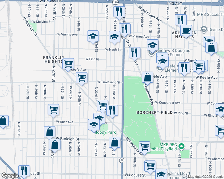 map of restaurants, bars, coffee shops, grocery stores, and more near 3353 North 21st Street in Milwaukee