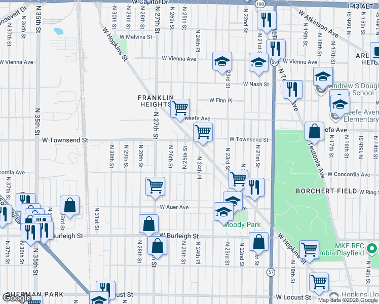map of restaurants, bars, coffee shops, grocery stores, and more near 3341 North 25th Street in Milwaukee