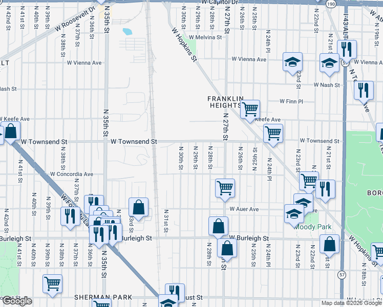 map of restaurants, bars, coffee shops, grocery stores, and more near 3336A North 29th Street in Milwaukee