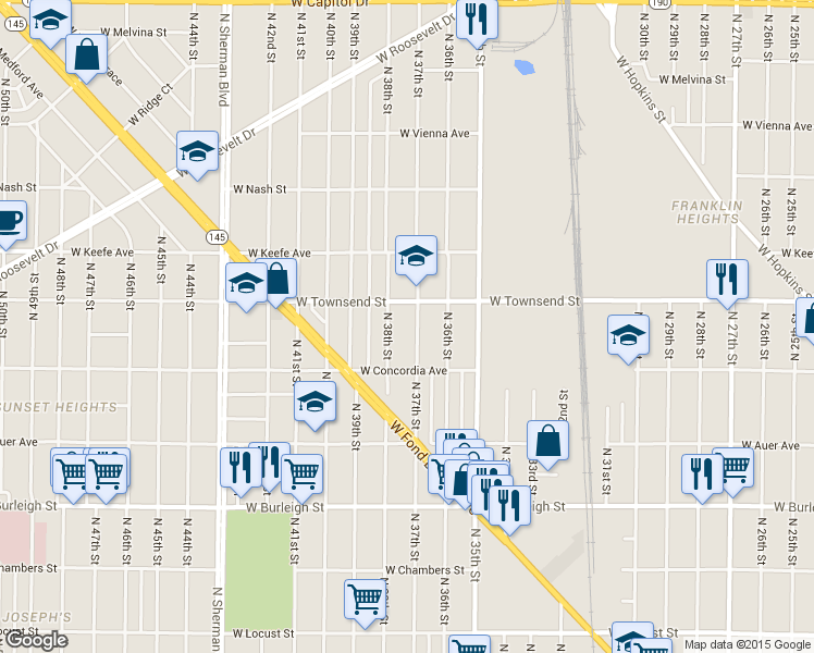 map of restaurants, bars, coffee shops, grocery stores, and more near 3337 North 37th Street in Milwaukee