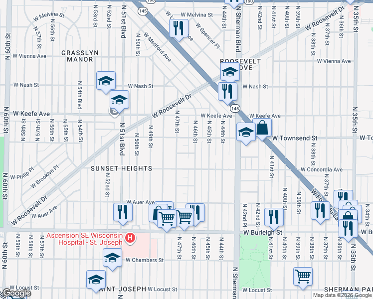 map of restaurants, bars, coffee shops, grocery stores, and more near 4625 West Bernhard Place in Milwaukee