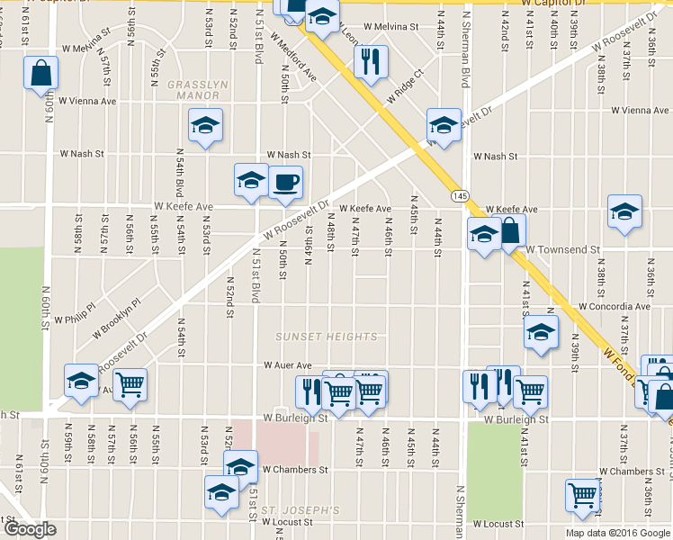 map of restaurants, bars, coffee shops, grocery stores, and more near 3336 North 48th Street in Milwaukee