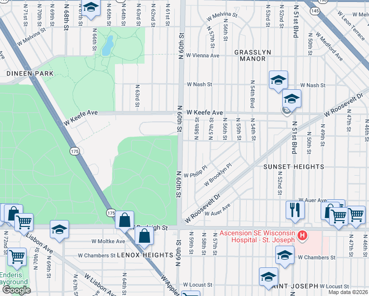 map of restaurants, bars, coffee shops, grocery stores, and more near 3322 North 60th Street in Milwaukee