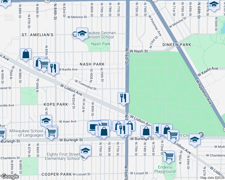 map of restaurants, bars, coffee shops, grocery stores, and more near 3346 North 78th Street in Milwaukee