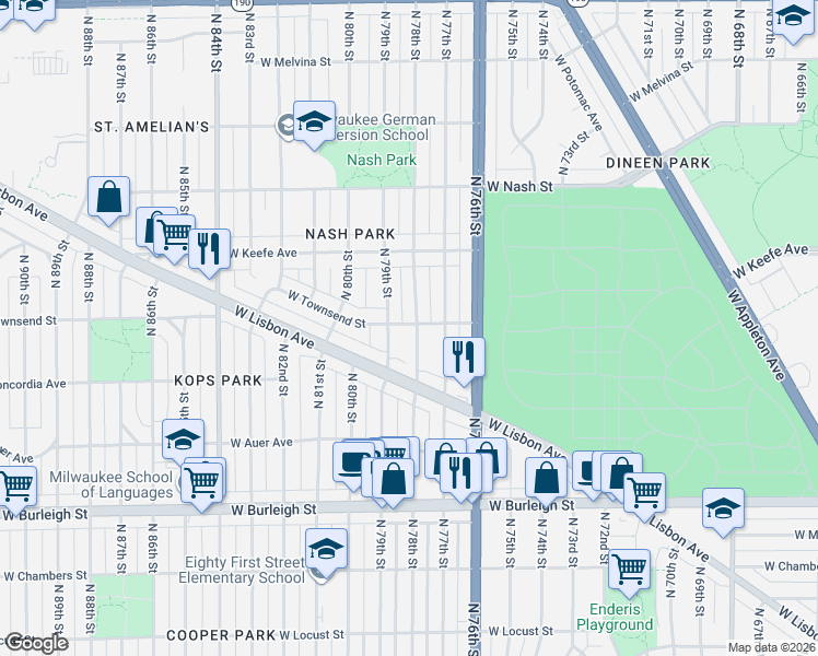 map of restaurants, bars, coffee shops, grocery stores, and more near 3346 North 78th Street in Milwaukee