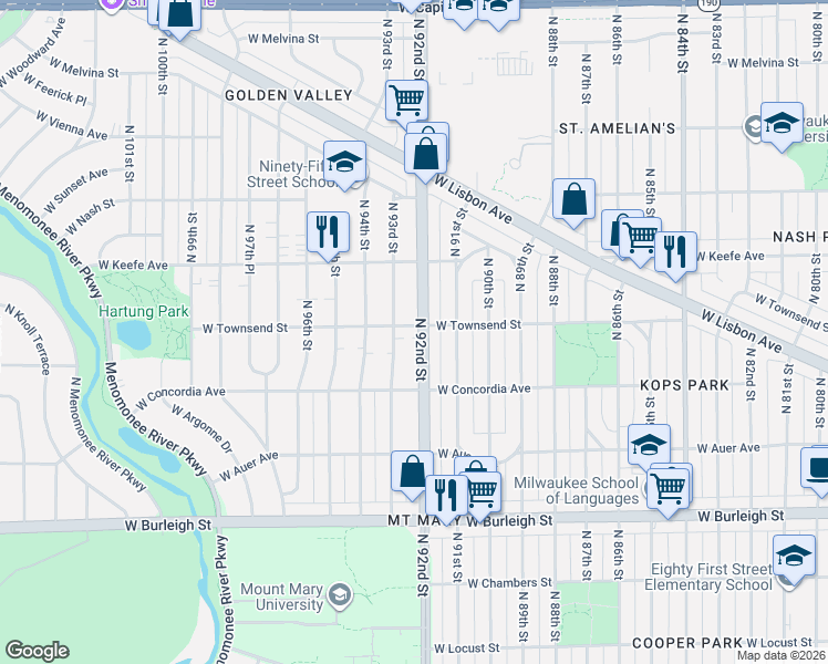 map of restaurants, bars, coffee shops, grocery stores, and more near 3356 North 92nd Street in Milwaukee