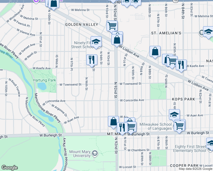 map of restaurants, bars, coffee shops, grocery stores, and more near 3355 North 93rd Street in Milwaukee