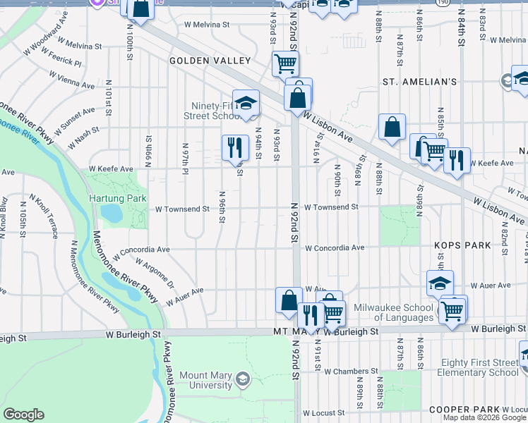 map of restaurants, bars, coffee shops, grocery stores, and more near 3355 North 93rd Street in Milwaukee