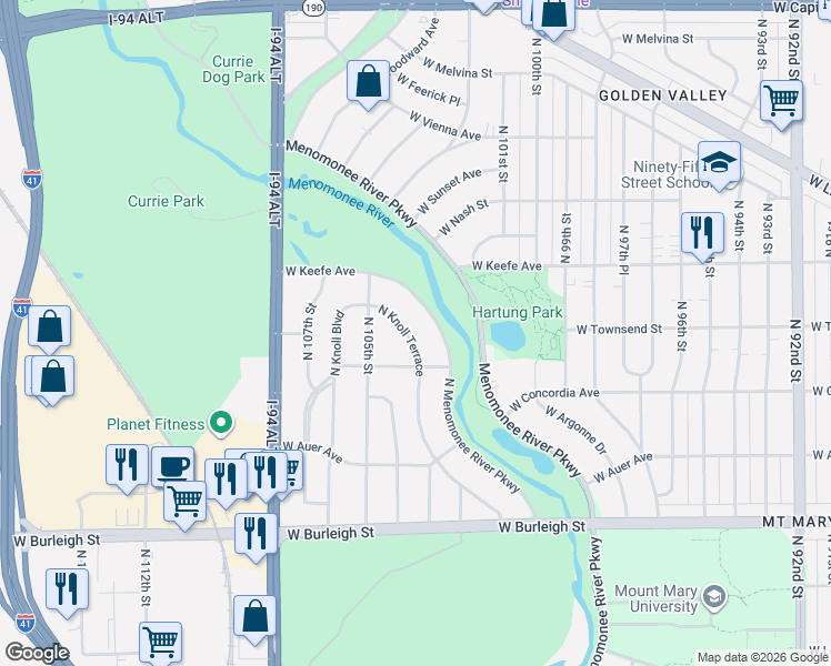 map of restaurants, bars, coffee shops, grocery stores, and more near 3309 North Knoll Terrace in Wauwatosa