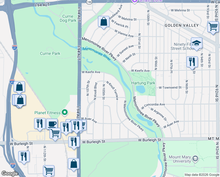map of restaurants, bars, coffee shops, grocery stores, and more near 3322 North 105th Street in Wauwatosa