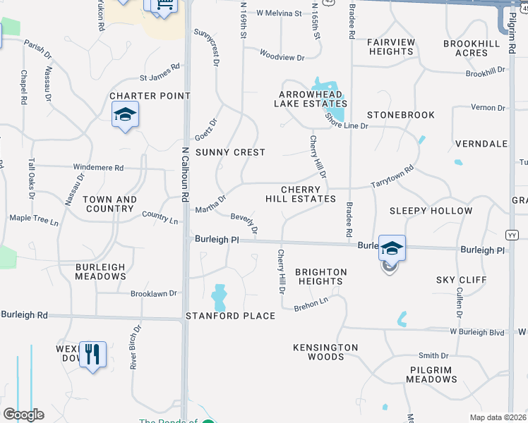 map of restaurants, bars, coffee shops, grocery stores, and more near 16780 Wild Cherry Drive in Brookfield