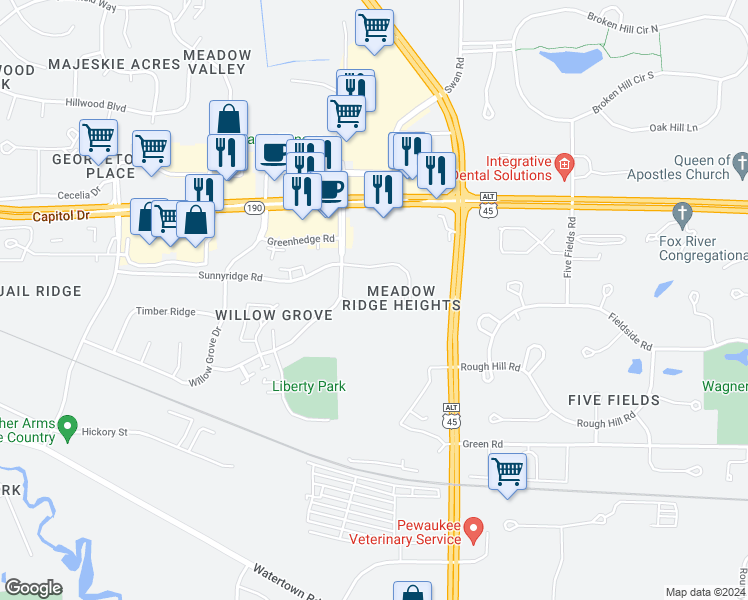 map of restaurants, bars, coffee shops, grocery stores, and more near 1458 Meadowcreek Court in Pewaukee