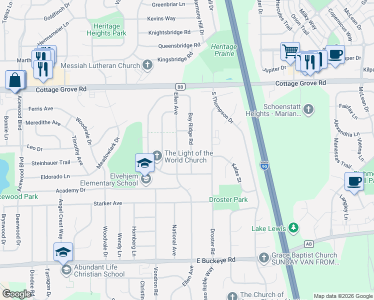 map of restaurants, bars, coffee shops, grocery stores, and more near 1302 Bay Ridge Road in Madison