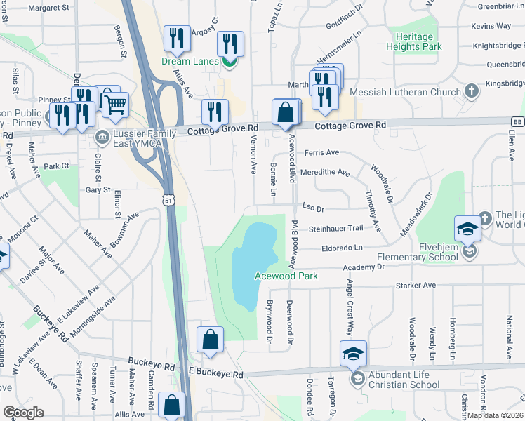 map of restaurants, bars, coffee shops, grocery stores, and more near 4499 Leo Drive in Madison