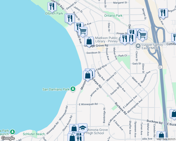 map of restaurants, bars, coffee shops, grocery stores, and more near in Madison