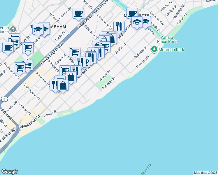 map of restaurants, bars, coffee shops, grocery stores, and more near 1111 Rutledge Street in Madison
