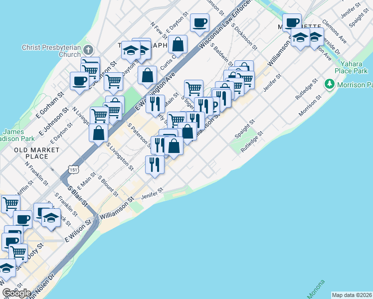 map of restaurants, bars, coffee shops, grocery stores, and more near 933 Williamson Street in Madison