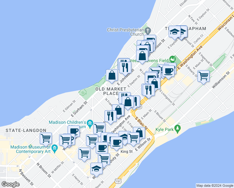 map of restaurants, bars, coffee shops, grocery stores, and more near 127 North Blair Street in Madison