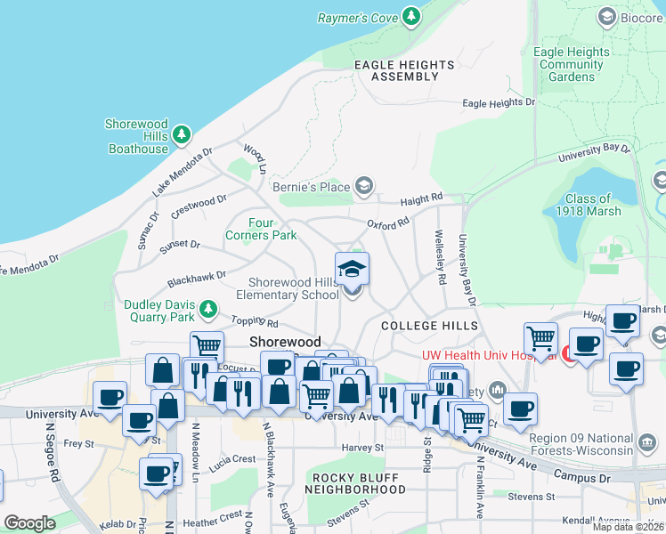 map of restaurants, bars, coffee shops, grocery stores, and more near 1120 Shorewood Boulevard in Madison