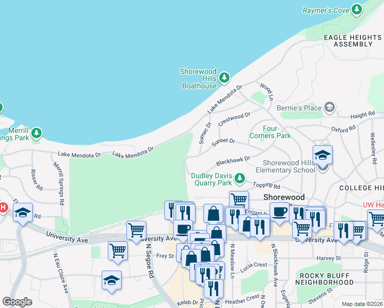 map of restaurants, bars, coffee shops, grocery stores, and more near 3611 Sunset Drive in Madison