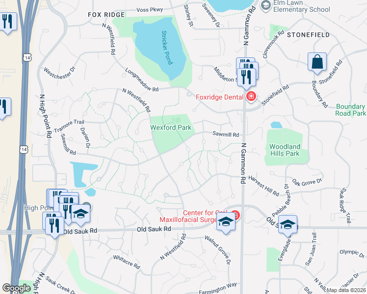 map of restaurants, bars, coffee shops, grocery stores, and more near 7305 Sawmill Road in Madison