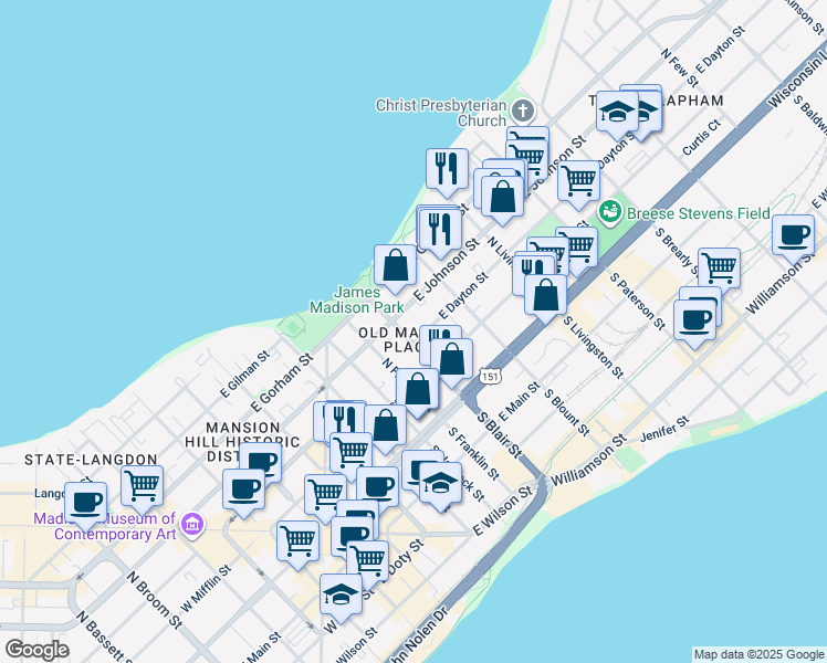 map of restaurants, bars, coffee shops, grocery stores, and more near 201 North Blair Street in Madison