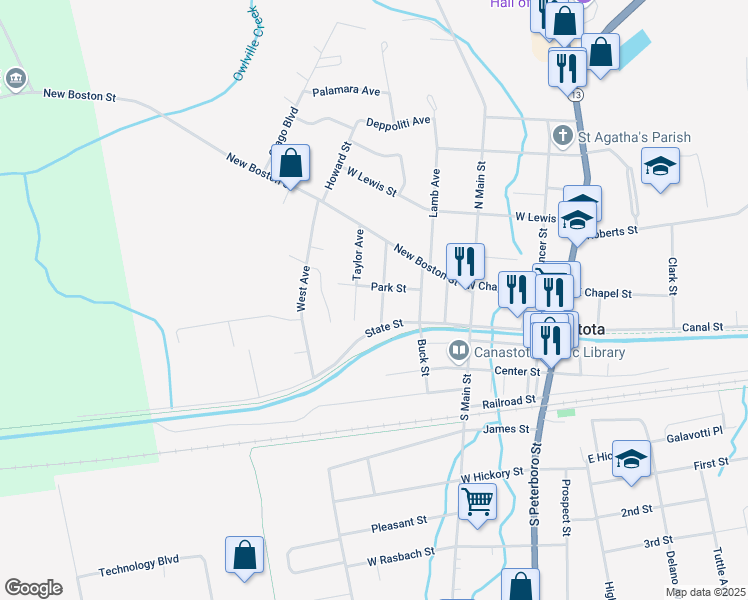 map of restaurants, bars, coffee shops, grocery stores, and more near 105 West Park Street in Canastota