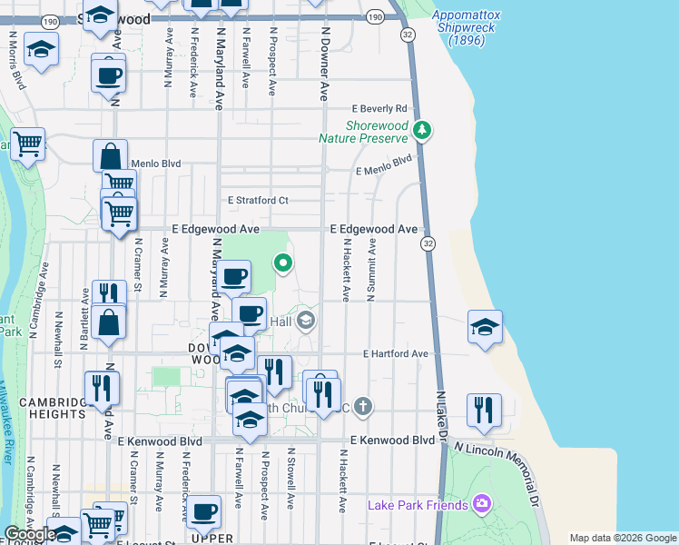 map of restaurants, bars, coffee shops, grocery stores, and more near 3418 North Downer Avenue in Milwaukee