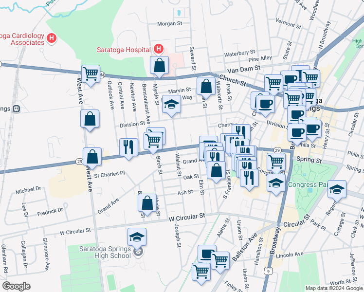 map of restaurants, bars, coffee shops, grocery stores, and more near 181 Washington Street in Saratoga Springs