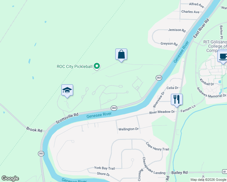 map of restaurants, bars, coffee shops, grocery stores, and more near 31 Great Meadow Circle in Rochester