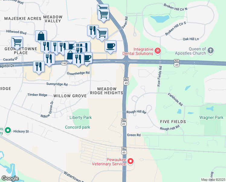 map of restaurants, bars, coffee shops, grocery stores, and more near 1521 Sunnyridge Road in Pewaukee