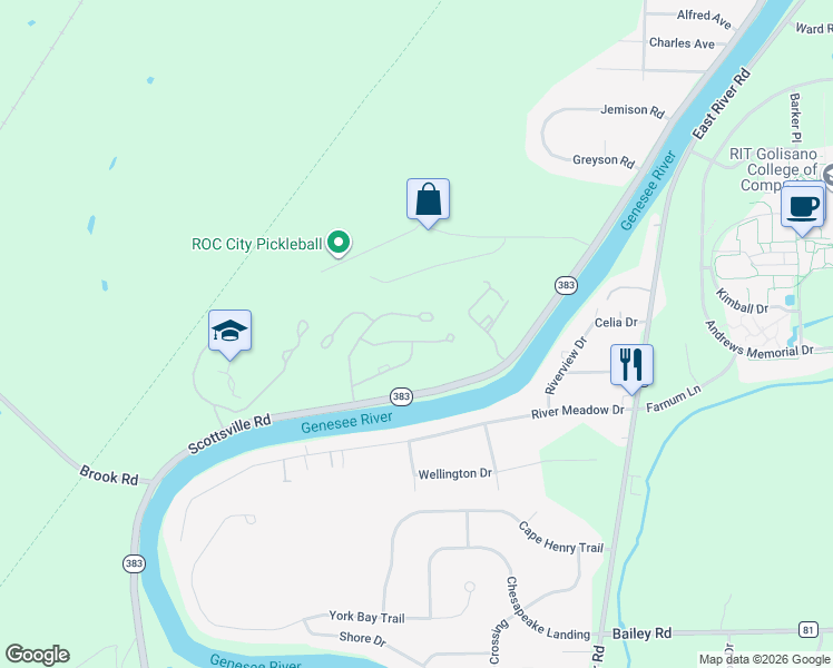 map of restaurants, bars, coffee shops, grocery stores, and more near 44 Great Meadow Circle in Rochester