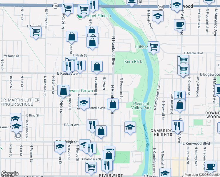 map of restaurants, bars, coffee shops, grocery stores, and more near 1004-1006 East Townsend Street in Milwaukee