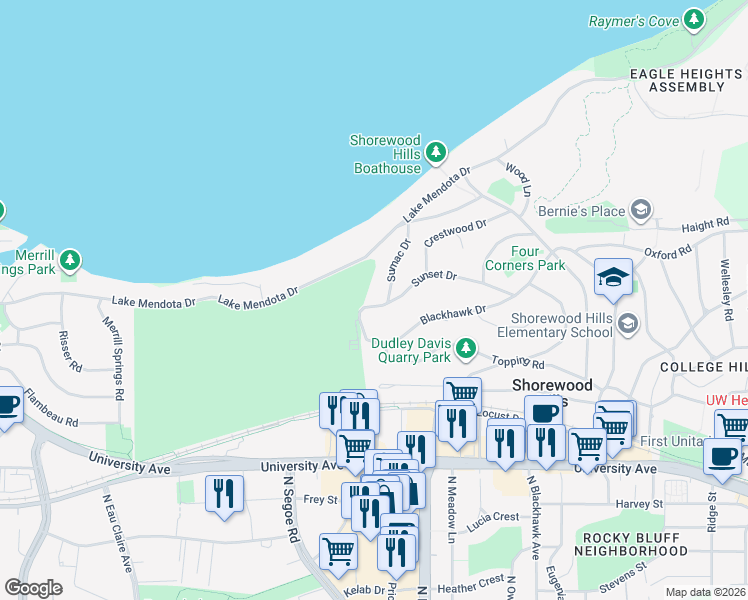 map of restaurants, bars, coffee shops, grocery stores, and more near 3611 Sunset Drive in Madison