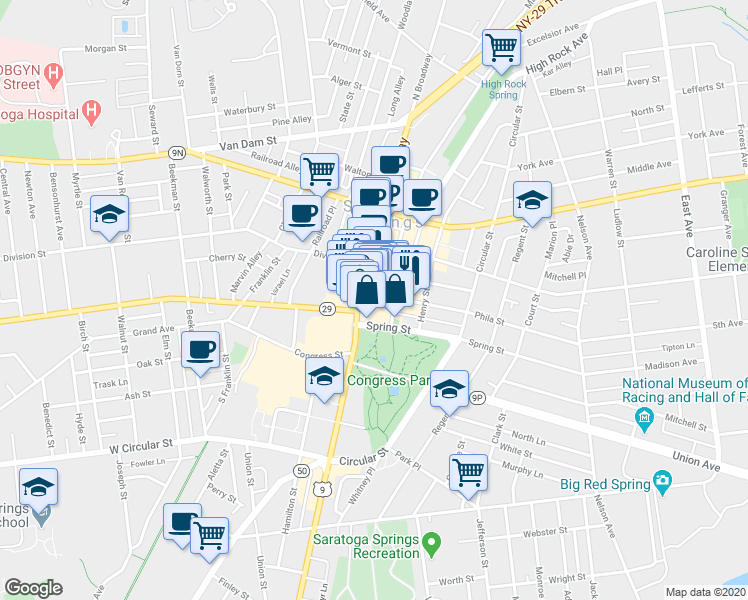 map of restaurants, bars, coffee shops, grocery stores, and more near 10 Phila Street in Saratoga Springs