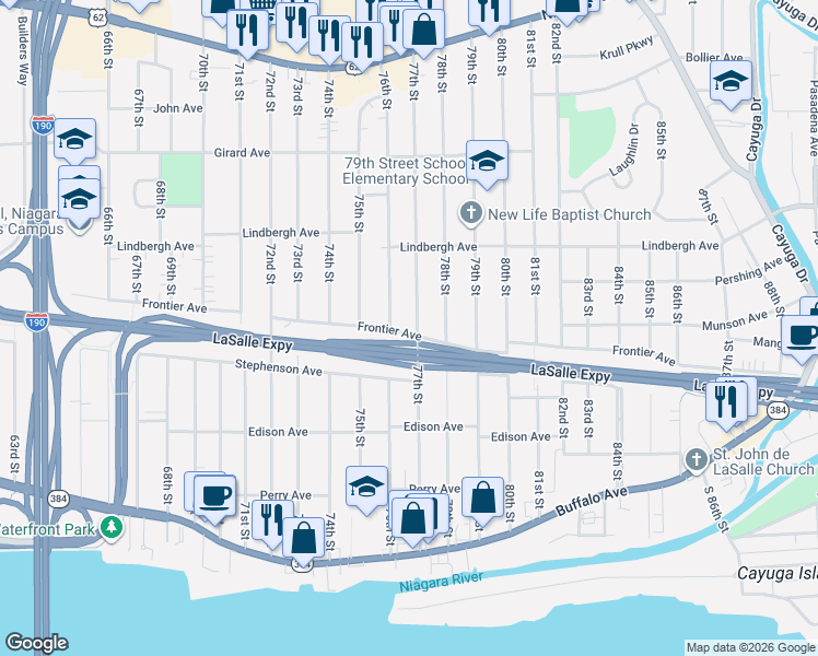 map of restaurants, bars, coffee shops, grocery stores, and more near 404 77th Street in Niagara Falls