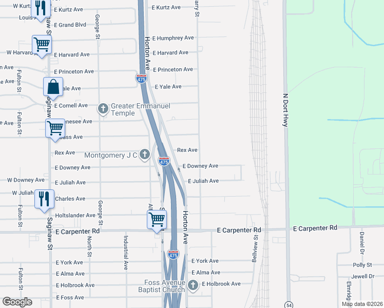 map of restaurants, bars, coffee shops, grocery stores, and more near 1323 East Downey Avenue in Flint
