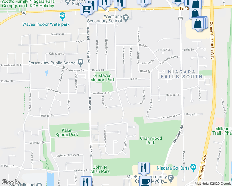 map of restaurants, bars, coffee shops, grocery stores, and more near 6495 Pitton Road in Niagara Falls