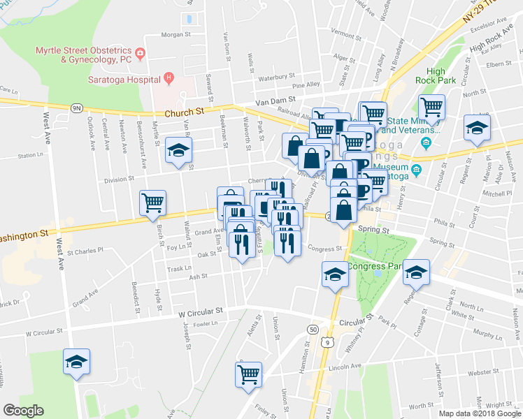 map of restaurants, bars, coffee shops, grocery stores, and more near 103 Washington Street in Saratoga Springs