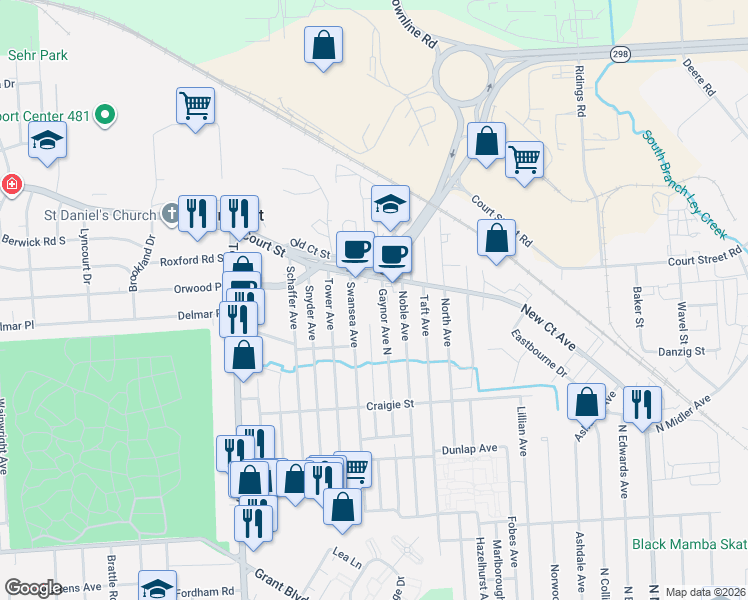 map of restaurants, bars, coffee shops, grocery stores, and more near 433 Gaynor Avenue North in Syracuse