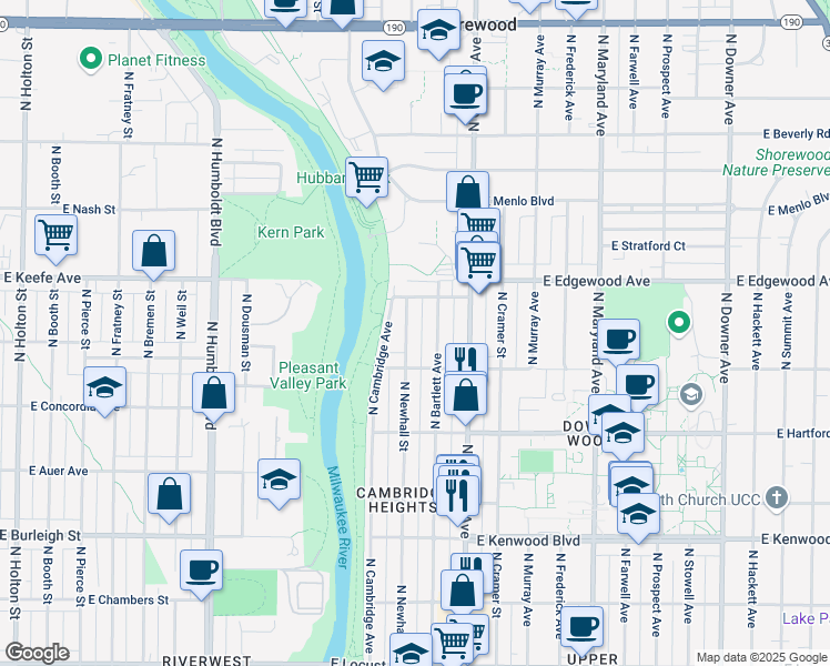 map of restaurants, bars, coffee shops, grocery stores, and more near 3423 North Bartlett Avenue in Milwaukee
