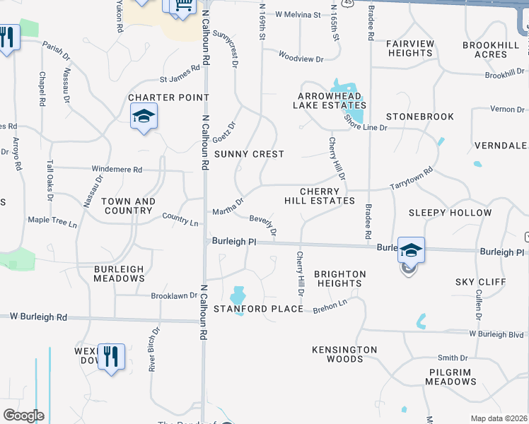 map of restaurants, bars, coffee shops, grocery stores, and more near 16935 Beverly Drive in Brookfield