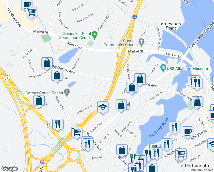 map of restaurants, bars, coffee shops, grocery stores, and more near 218 Edmond Avenue in Portsmouth